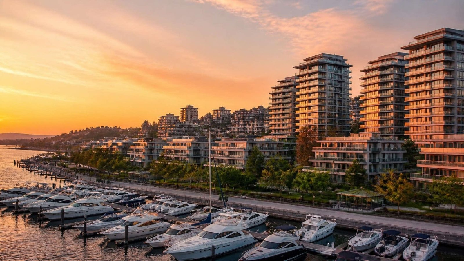 Marina full of motor yachts below mid- and high-rise apartment blocks at sunset