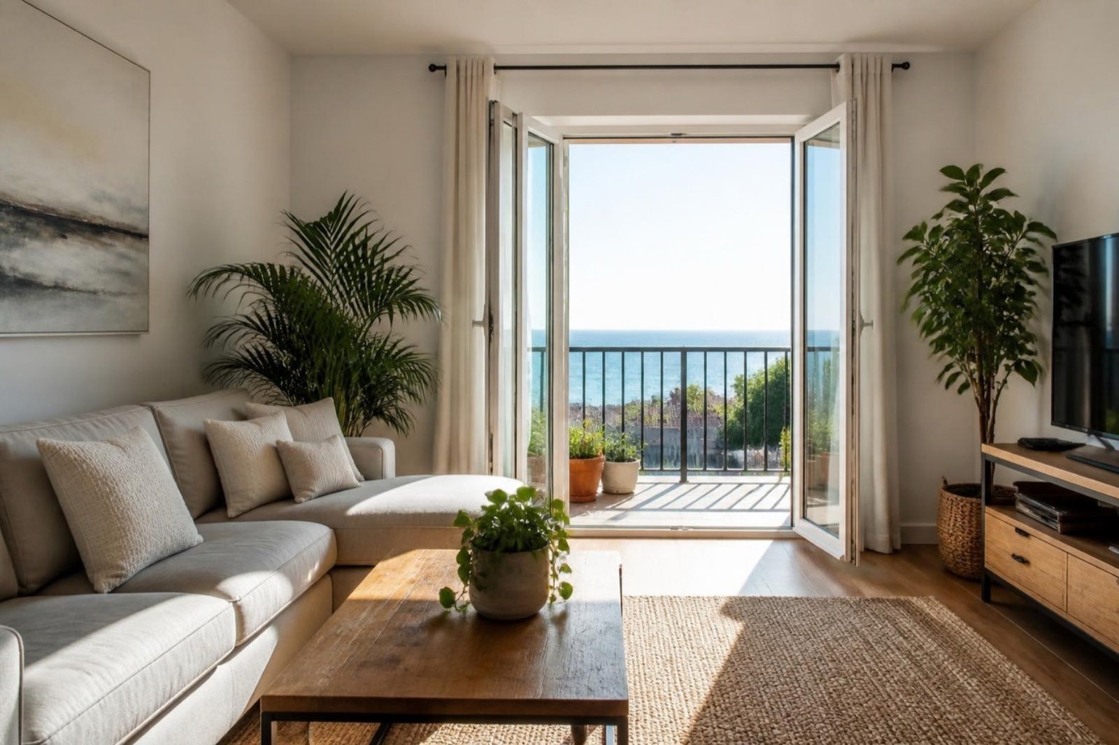 Balkon kapısı denize açılan aydınlık bir oturma odası