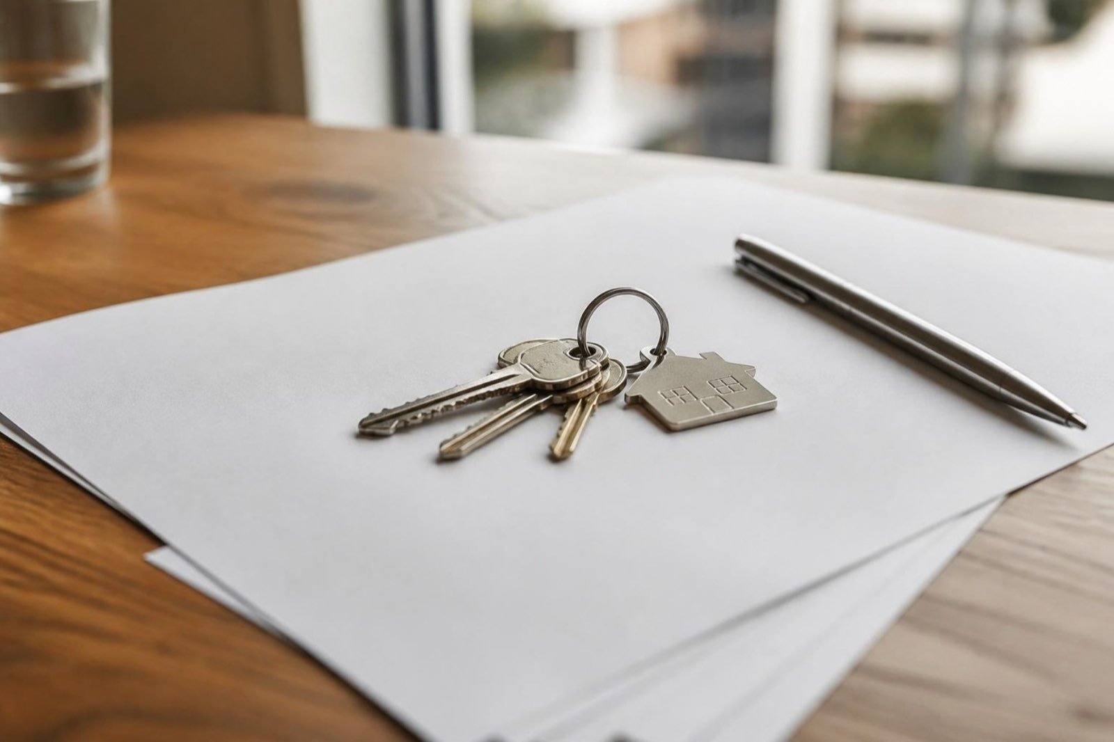 House keys and a pen on a stack of papers on a wooden desk