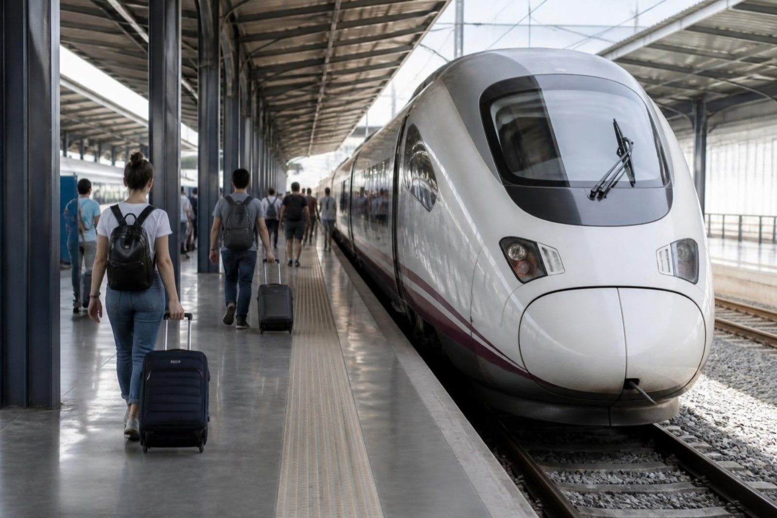 Travellers with suitcases walking beside a white high-speed train at a covered platform