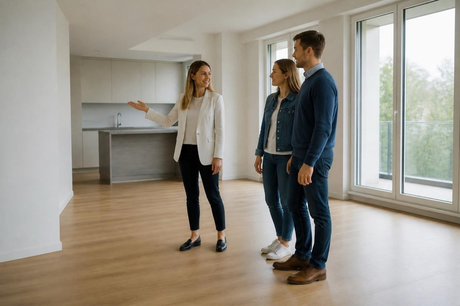 Agent showing a couple around an empty, newly finished flat
