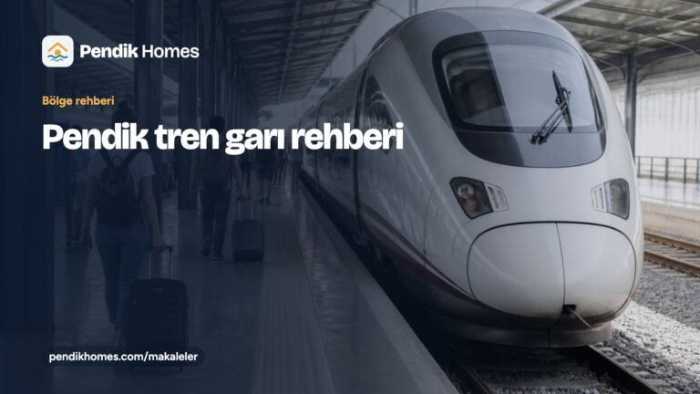 “Pendik tren garı rehberi” başlıklı rehber kartı; üstü kapalı bir peronda duran hızlı tren fotoğrafı üzerinde